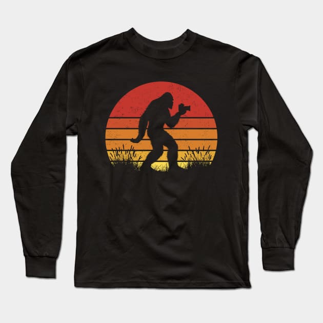 Bigfoot Taking Pictures Vintage Sunset Photographer Long Sleeve T-Shirt by Cuteness Klub